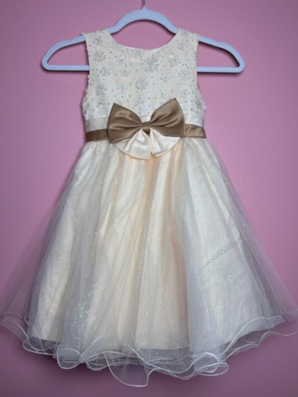 Party Dress Kids Size 6 Cream Glitter Tulle Sequin Bow Floral Fairycore